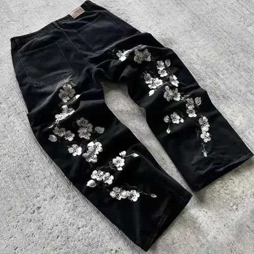Japanese Brand embroidery cherry flower wide leg Jeans Size US 34 / EU 50 - 4 Thumbnail