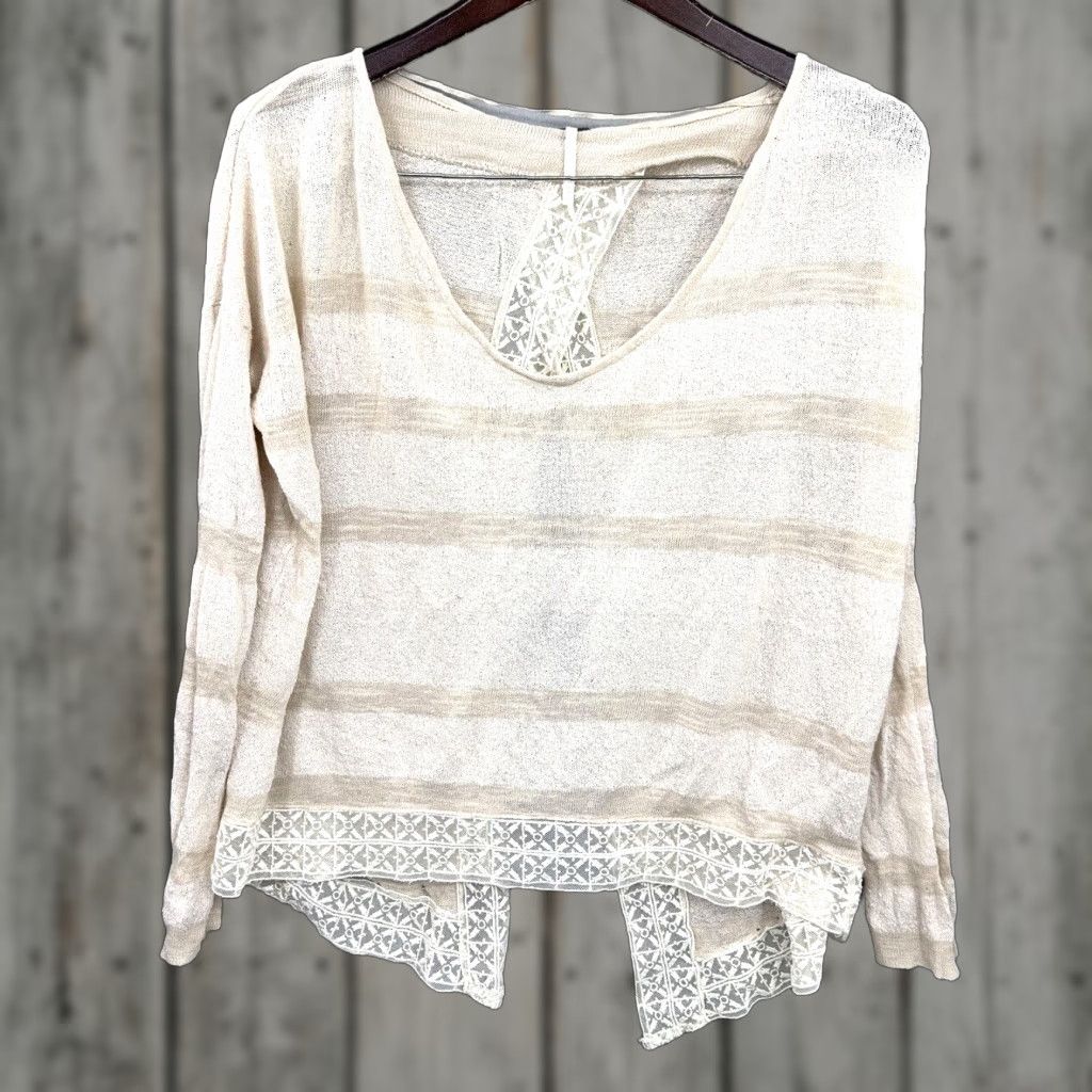 Free People Free People Blouse Shirt Women M Beige Striped Crochet Knitting Boho Casual 60s 70s Autumn Spring Fall Summer Womens Size M / US 6-8 / IT 42-44 - 1 Thumbnail