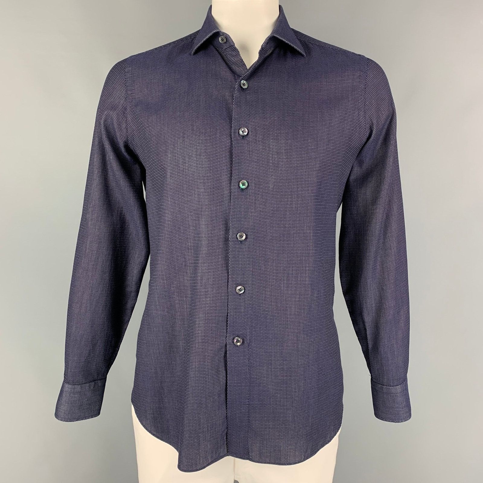 Finamore L Navy White Dots Cotton Button Up Long Sleeve Shirt Size US L / EU 52-54 / 3 - 1 Thumbnail