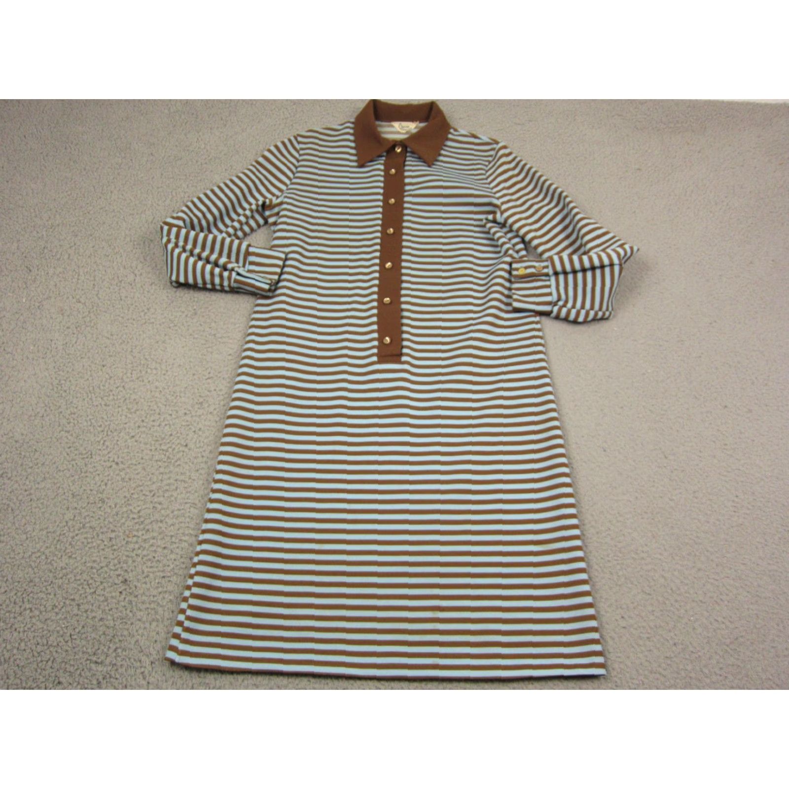 Vintage Queen Casuals Dress Shirt Dress M Brown Blue Striped Vintage 60s 90s Womens Long Sleeve Knit Button Collared Knee Length Casual Pattern Striped Size M / US 6-8 / IT 42-44 - 2 Thumbnail