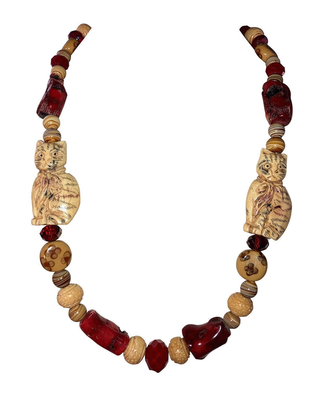 Designer Cat Bone Crystal Glass and Red Coral Bead Necklace Earring Size ONE SIZE - 1 Thumbnail