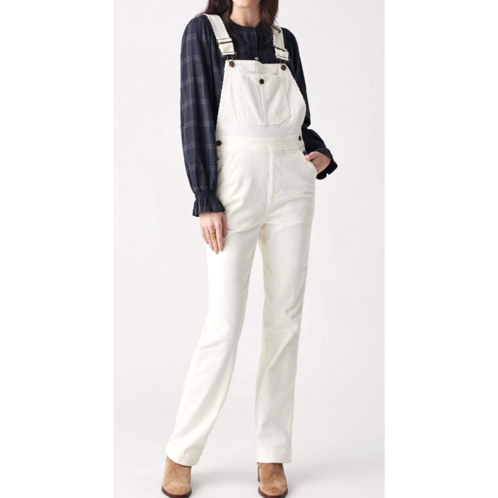 Faherty Faherty Women's Walker Corduroy Overalls Pants Ivory S 90s Organic Cotton Blend Corduroy One-Piece Casual Mens Womens Girls Boys Size 28" / US 6 / IT 42 - 2 Thumbnail