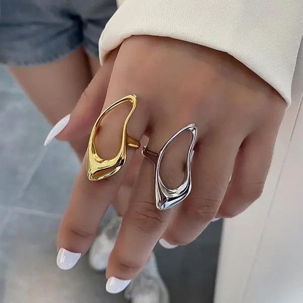 Jewelry Liquid Metal Chunky Hollow Open Adjustable Set Of Rings Size ONE SIZE - 5 Thumbnail