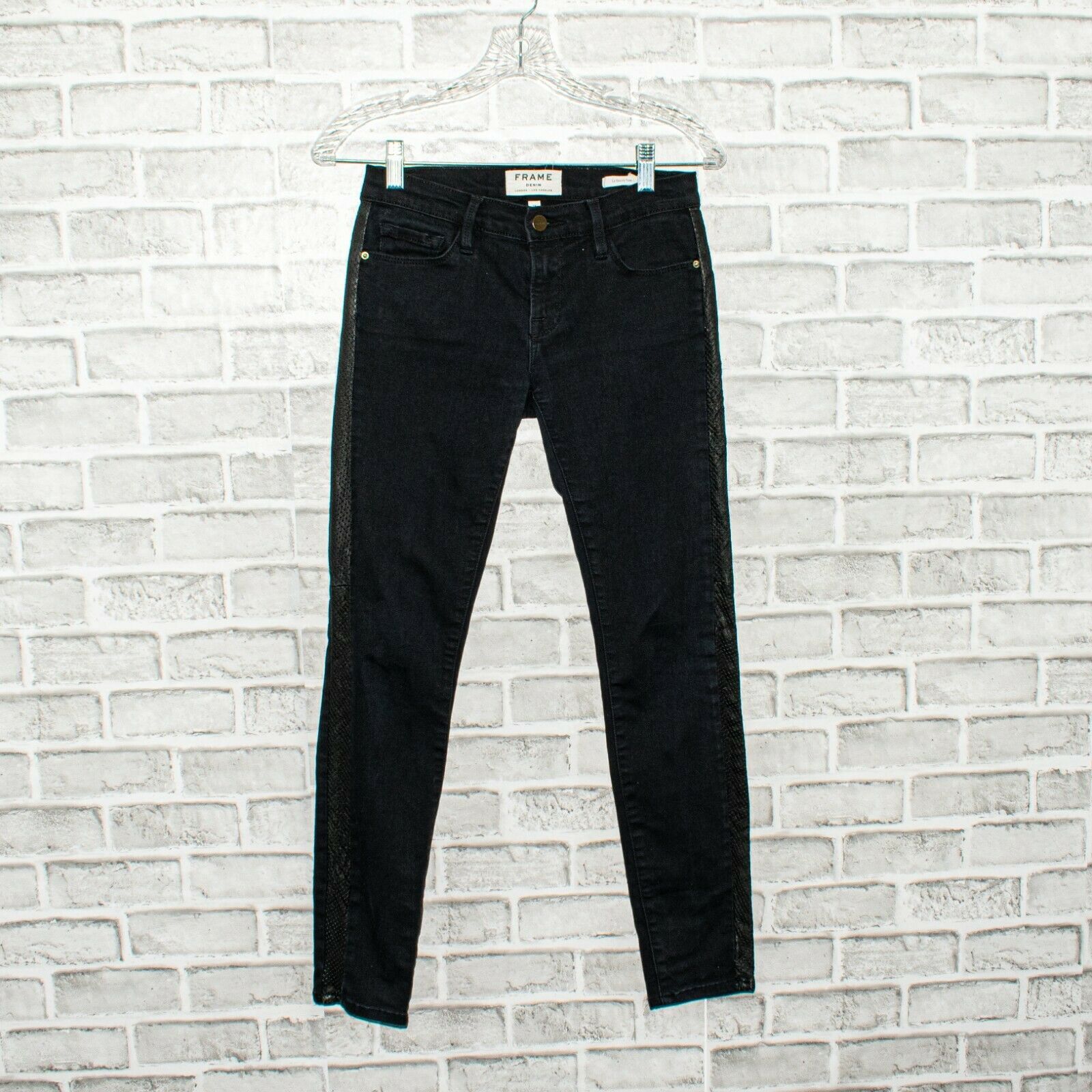 Frame FRAME Denim Le Skinny Tuxe Jeans in Black w Faux Mesh Panel Size 25" / US 0 / IT 36 - 7 Thumbnail