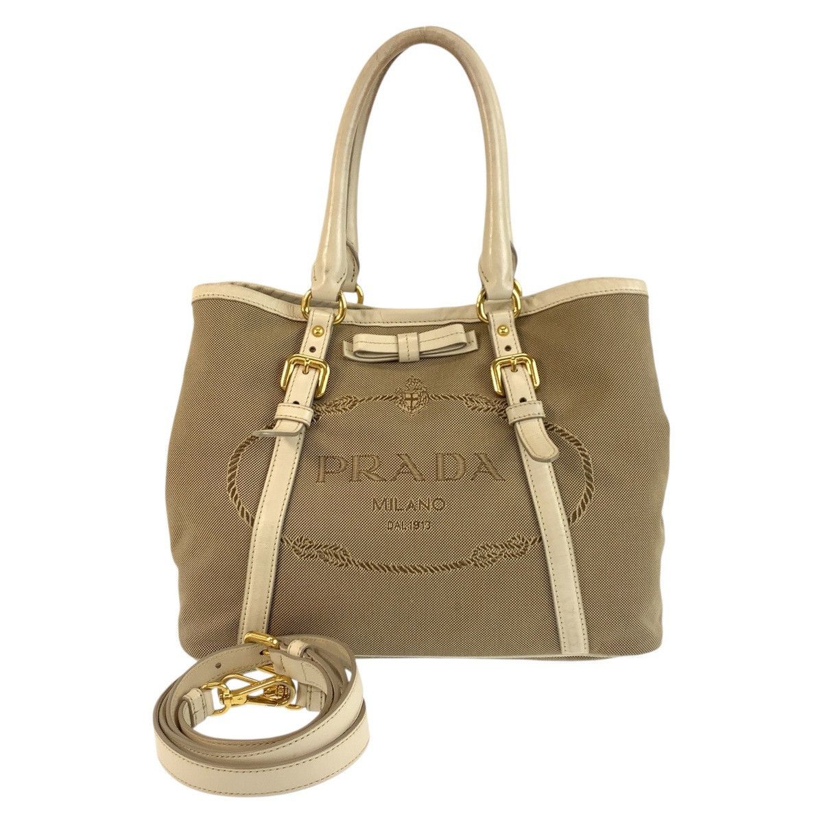 Prada Prada Logo Jacquard Canvas/leather 2Way Bag Canvas Shoulder Bag in Beige, Women's