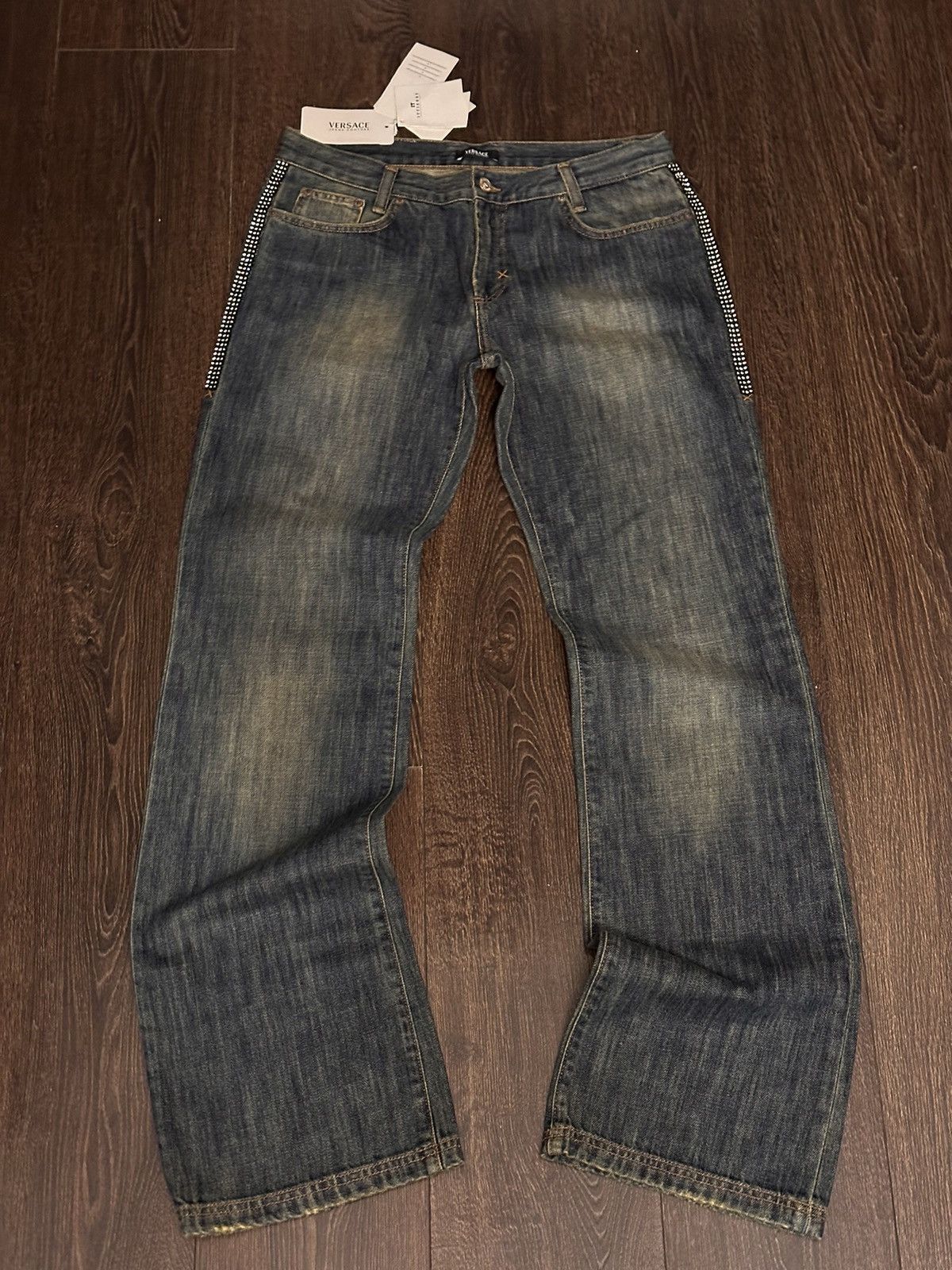2006 Versace Y2k “Crystals” Faded Denim Pants