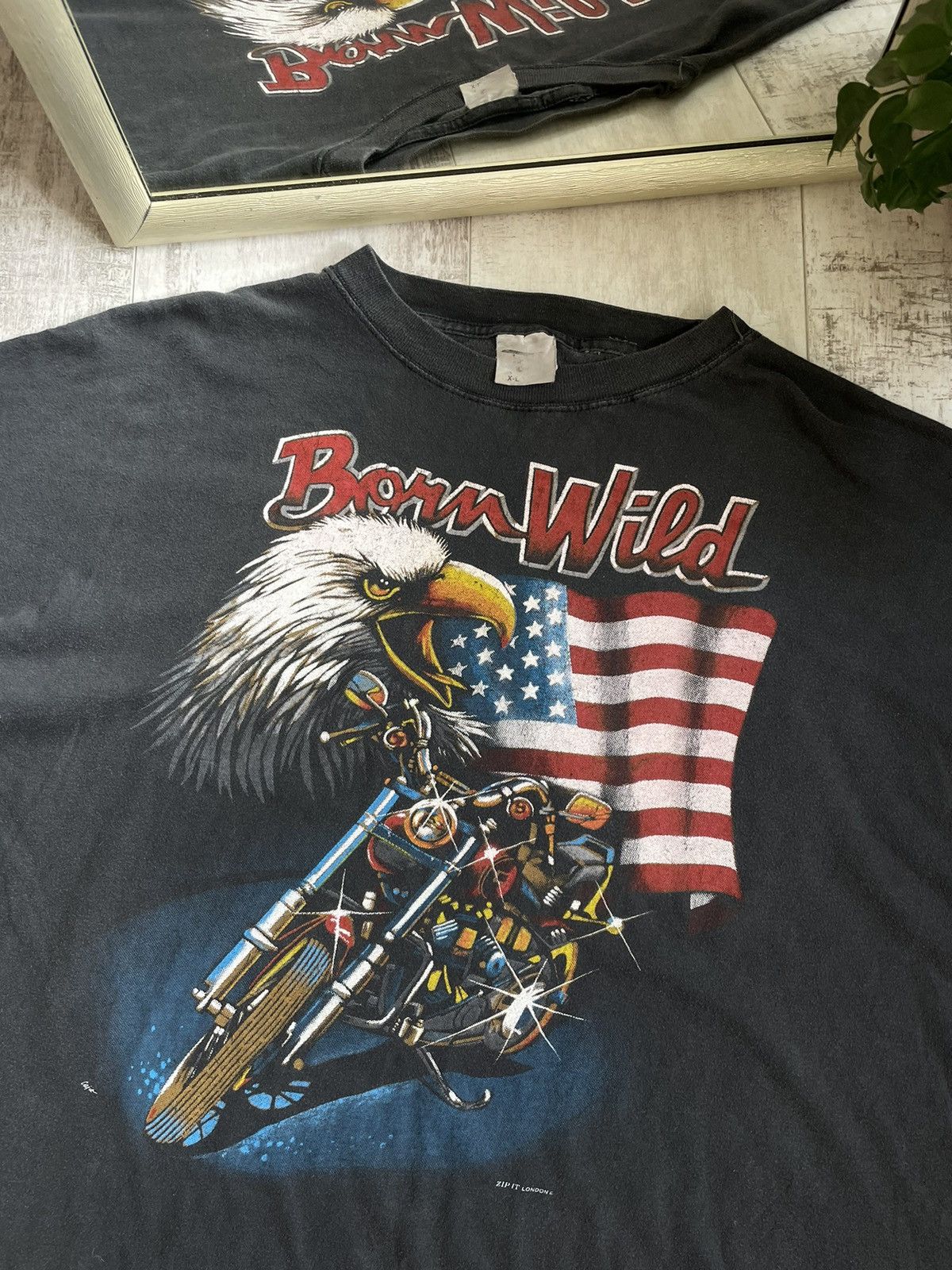 Harley Davidson × Vintage Vintage 1990 Born Wild Tee Eagle Motorcycle American Flag Size US XL / EU 56 / 4 - 1 Thumbnail