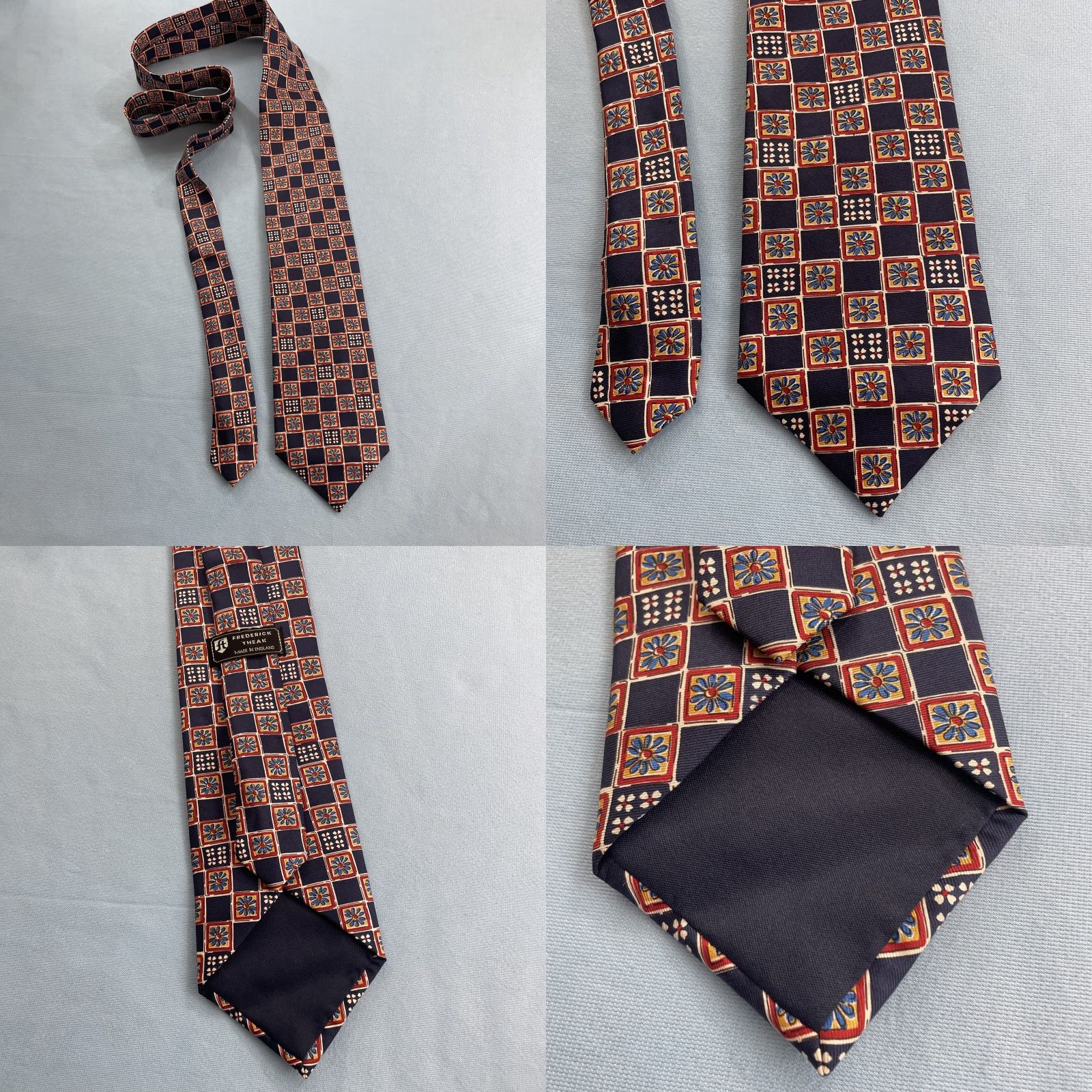 Vintage VINTAGE Frederick Theak Silk Tie England Navy Red Orange Macclesfield Neat Floral 3.7x57 Micro Print Foulard Business Wedding Church Neck Tie Mens Size ONE SIZE - 8 Thumbnail