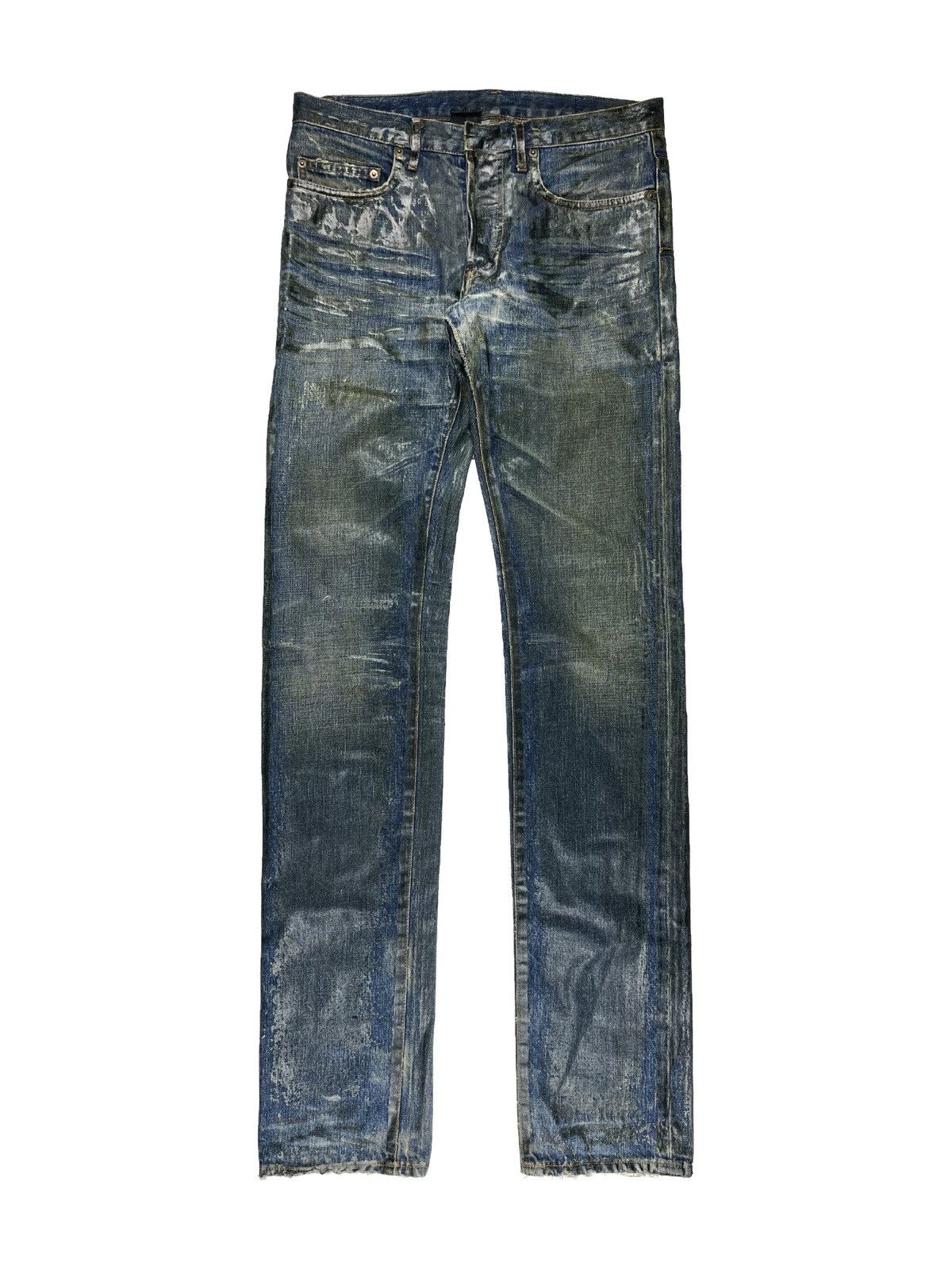 image of Aw06 Dior Homme Luster Waxed Clawmark Distressed Denim Jeans in Blue, Men's (Size 30)