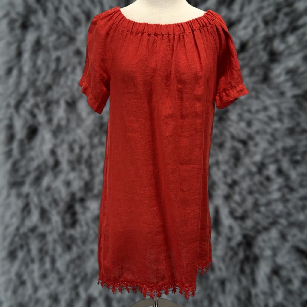 Vintage Lungo L’Arno Off The Shoulder Shift Dress Women M Red Linen Crochet Hem Italy - Bohemian Resort Summer Casual Dress Mens? Size M / US 6-8 / IT 42-44 - 1 Thumbnail