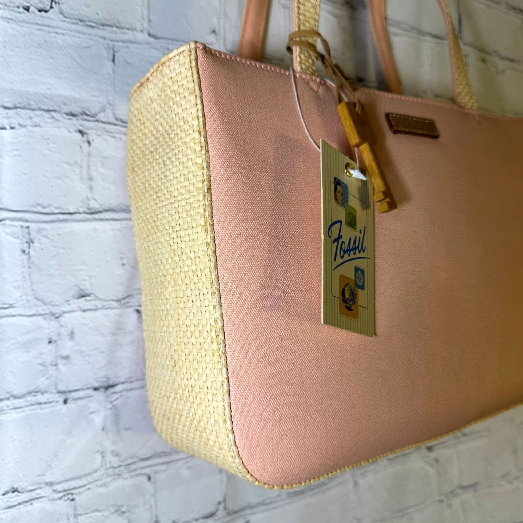 Fossil Fossil Nottinghill Shopper Tote Pink Canvas Straw Gingham Lining Multicolor Inner Pockets Womens Medium Accessories Bag Charm Key Size ONE SIZE - 4 Thumbnail