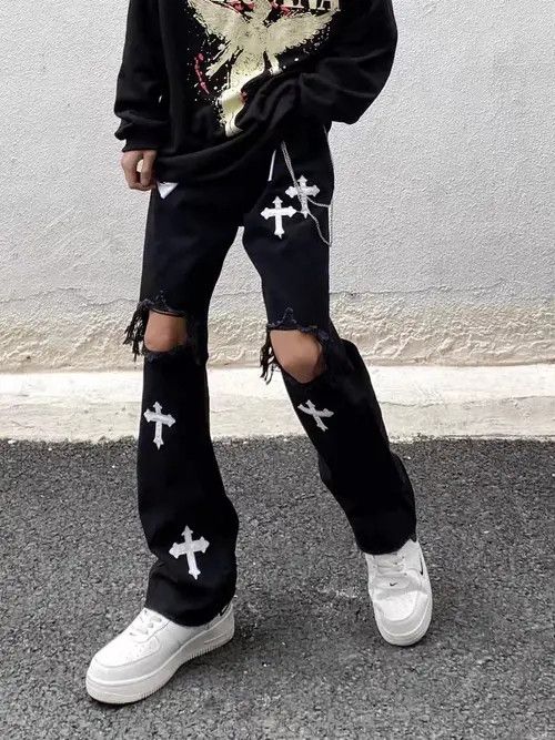 Japanese Brand × Jean Black ripped cross high street micro-flared jeans Size US 32 / EU 48 - 3 Thumbnail