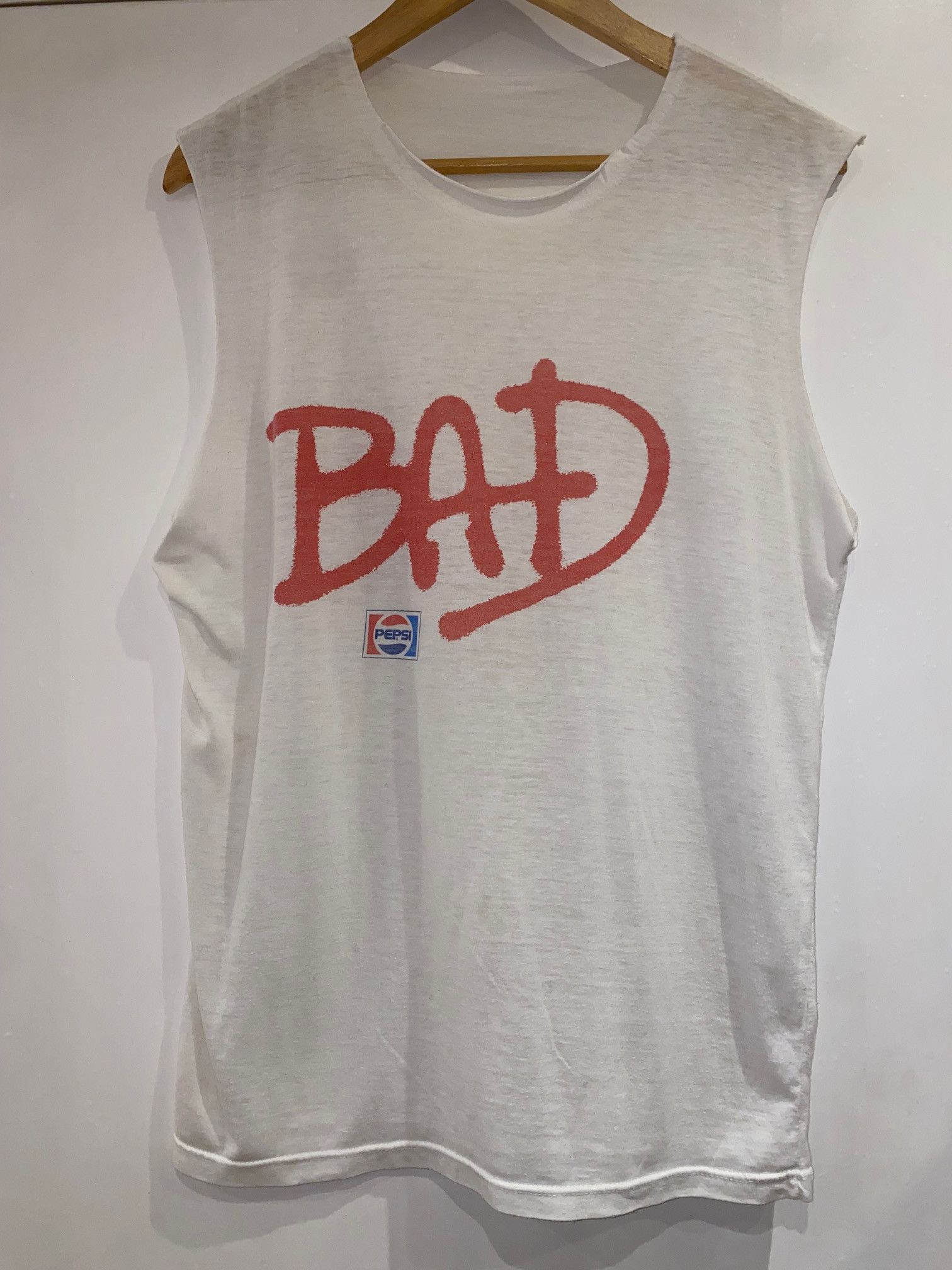 image of Vintage Michael Jackson Bad Tour Pepsi Cut Off Tshirt Medium in White, Men's (Size XL)