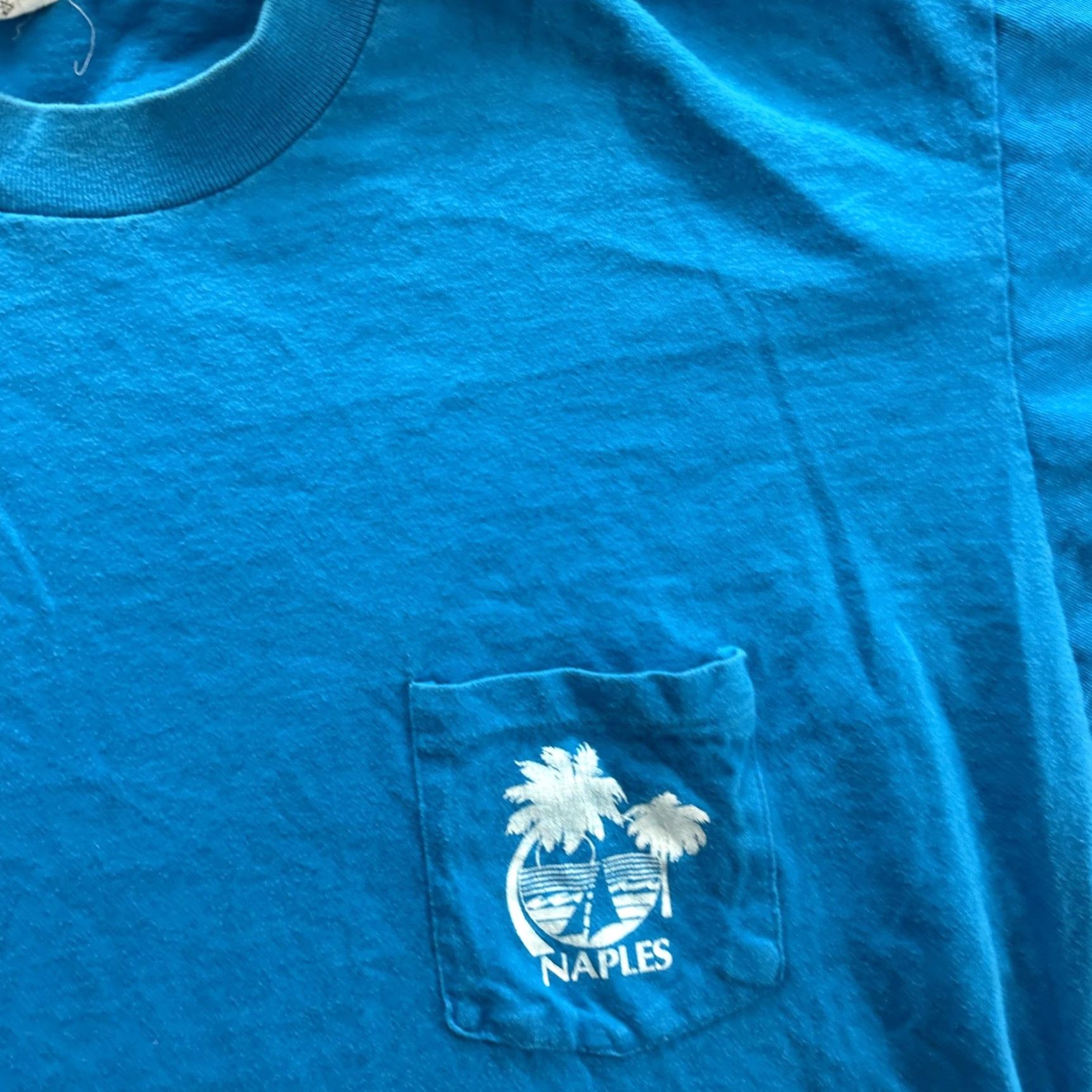 Hanes VINTAGE Naples Florida Shirt Mens XL Blue Pocket Palm Tree Graphic Tee 80s 90s Tan? Size US XL / EU 56 / 4 - 6 Thumbnail