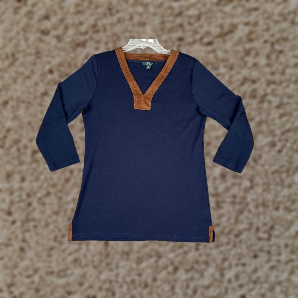 Ralph Lauren Lauren Ralph Lauren Shirt Women Large Blue V-Neck 3/4 Sleeve Cotton Size L / US 10 / IT 46 - 1 Thumbnail