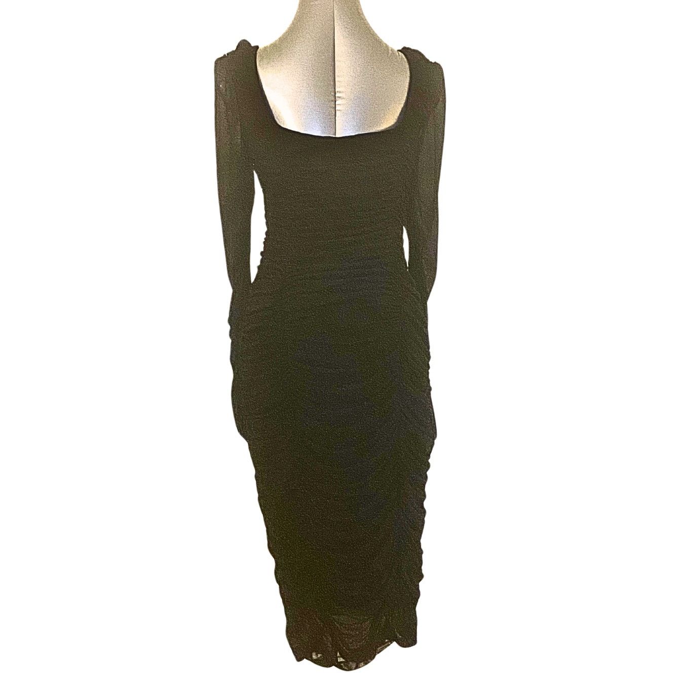 Shein Black Ruched Mesh Sleeve Midi Dress Size L / US 10 / IT 46 - 6 Thumbnail