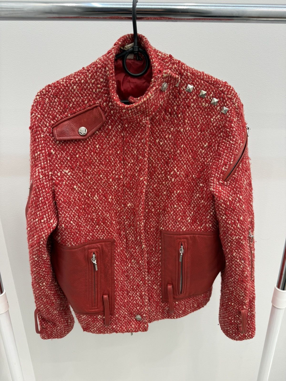 Versace Archive Versace Red Tweed Leather Parts Heavy Wool Jacket Size M / US 6-8 / IT 42-44 - 1 Thumbnail