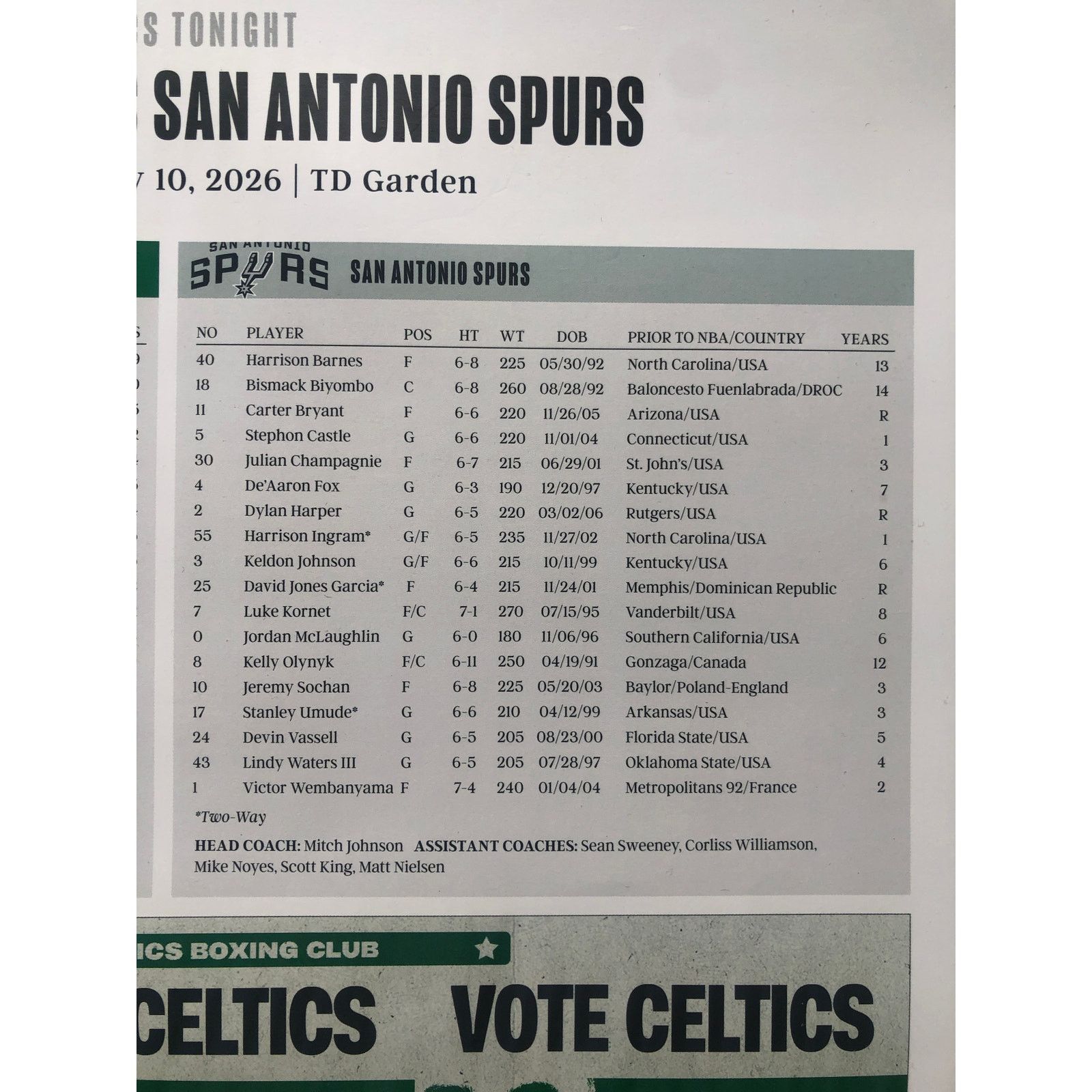 NBA Boston Celtics v San Antonio Spurs 1/10/26 Poster Minott Size ONE SIZE - 7 Thumbnail