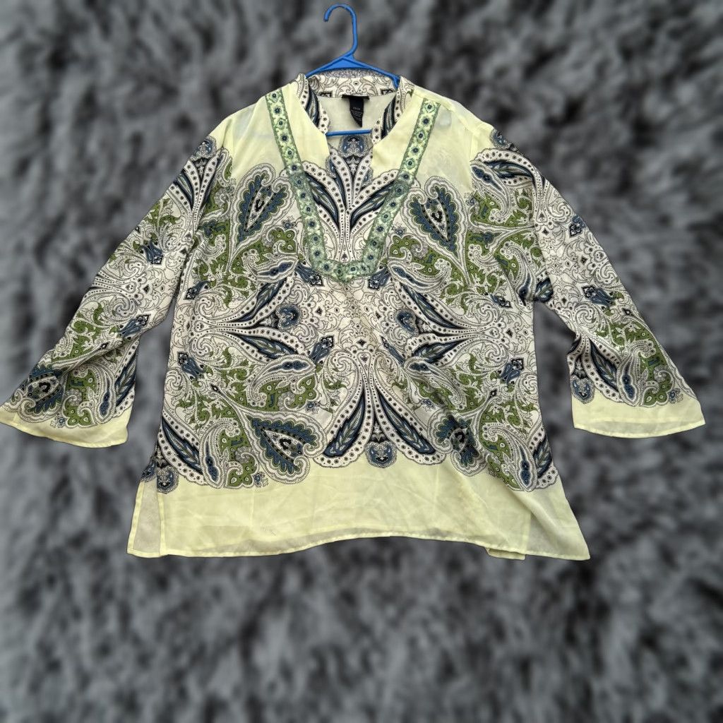 Vintage Lane Bryant Shirt Womens 22-24 Green Paisley Beaded Tunic Blouse Boho Sheer 3/4 Sleeve V-Neck Plus Size Womens Size 3XL / US 20-22 - 1 Thumbnail