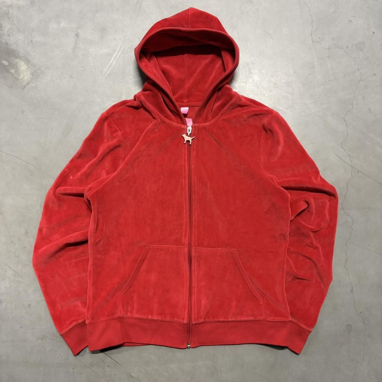 Pink Crazy Vintage Y2K/2000s Blank Victorias Secret Red Velour Zipup Hoodie with Pink dog zipper! Size US S / EU 44-46 / 1 - 1 Thumbnail