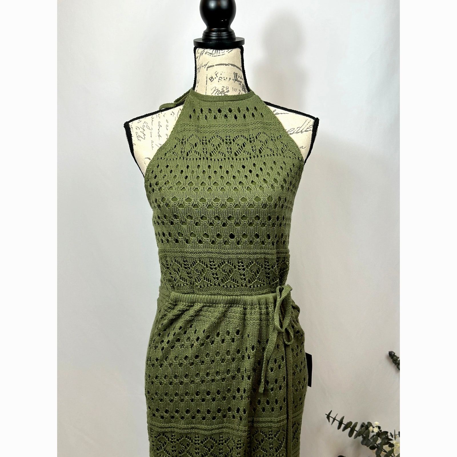 Other Lulu's Blissful Strolls Crochet Wrap Halter Midi Olive L Size L / US 10 / IT 46 - 11 Thumbnail