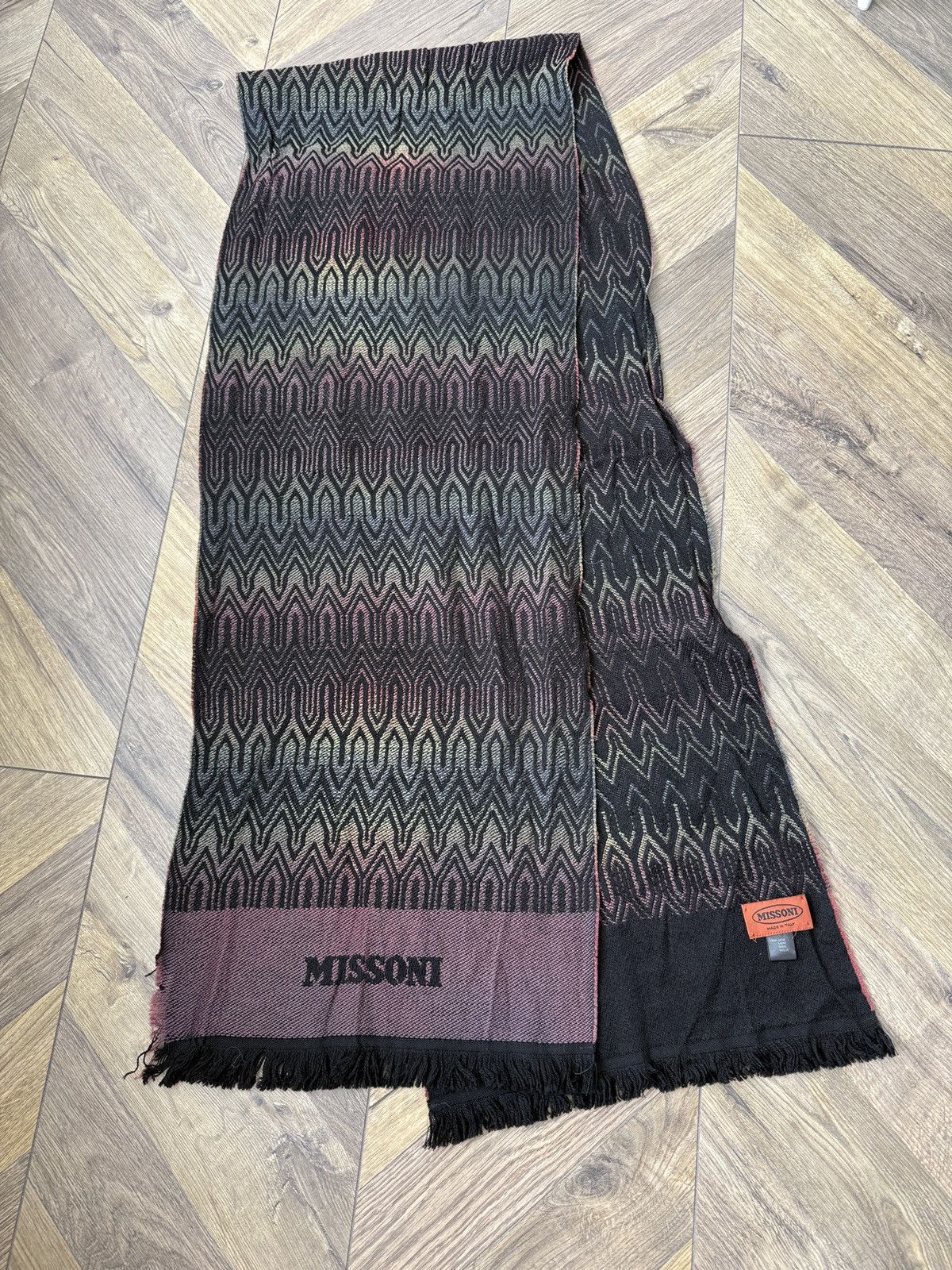 Vintage Missoni Wool Scarf Black Multicolor Geometric