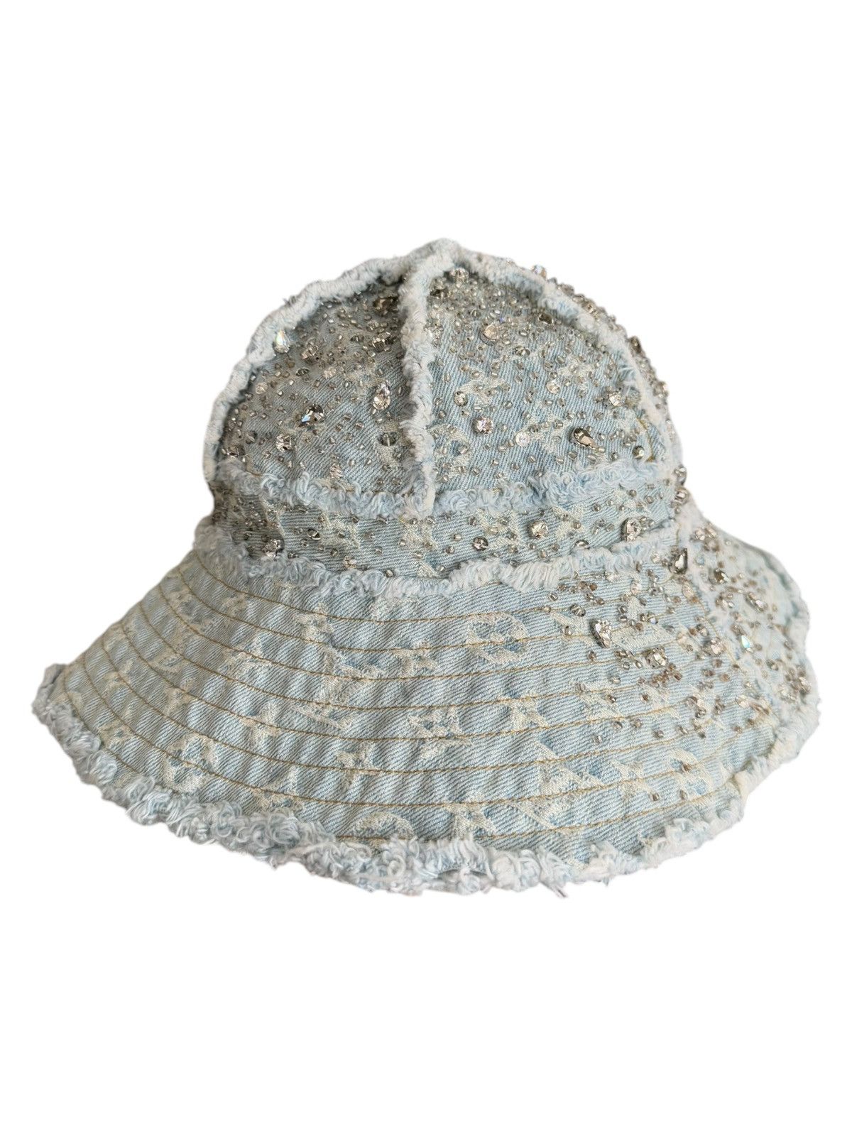 Pre-owned Louis Vuitton 1/1 Virgil Crystal Rain Distressed Denim Monogram Bucket Hat In Blue