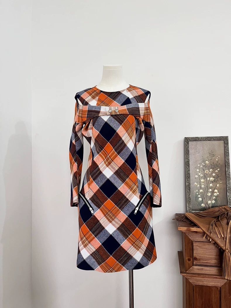 Junya Watanabe Junya Watanabe Orange Gray Plaid Mini Dress Size S / US 4 / IT 40 - 1 Thumbnail