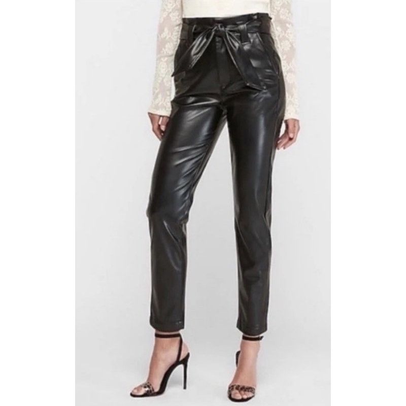 Express Express Black Faux Leather Ankle High Rise Paperbag Pants,4R Size 27" / US 4 / IT 40 - 1 Thumbnail