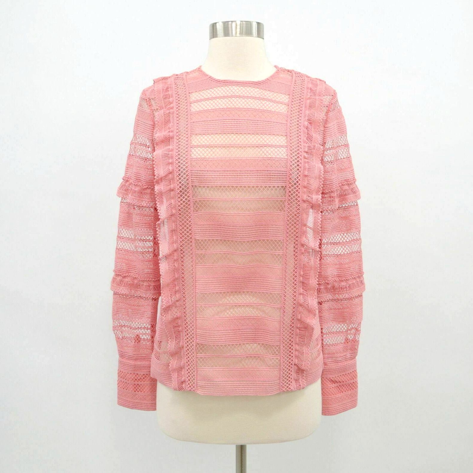 image of Self Portrait Self-Portrait Blouse Top Womens Us2 New Pink Lace Striped Long Sleeve Crew Sheer in W