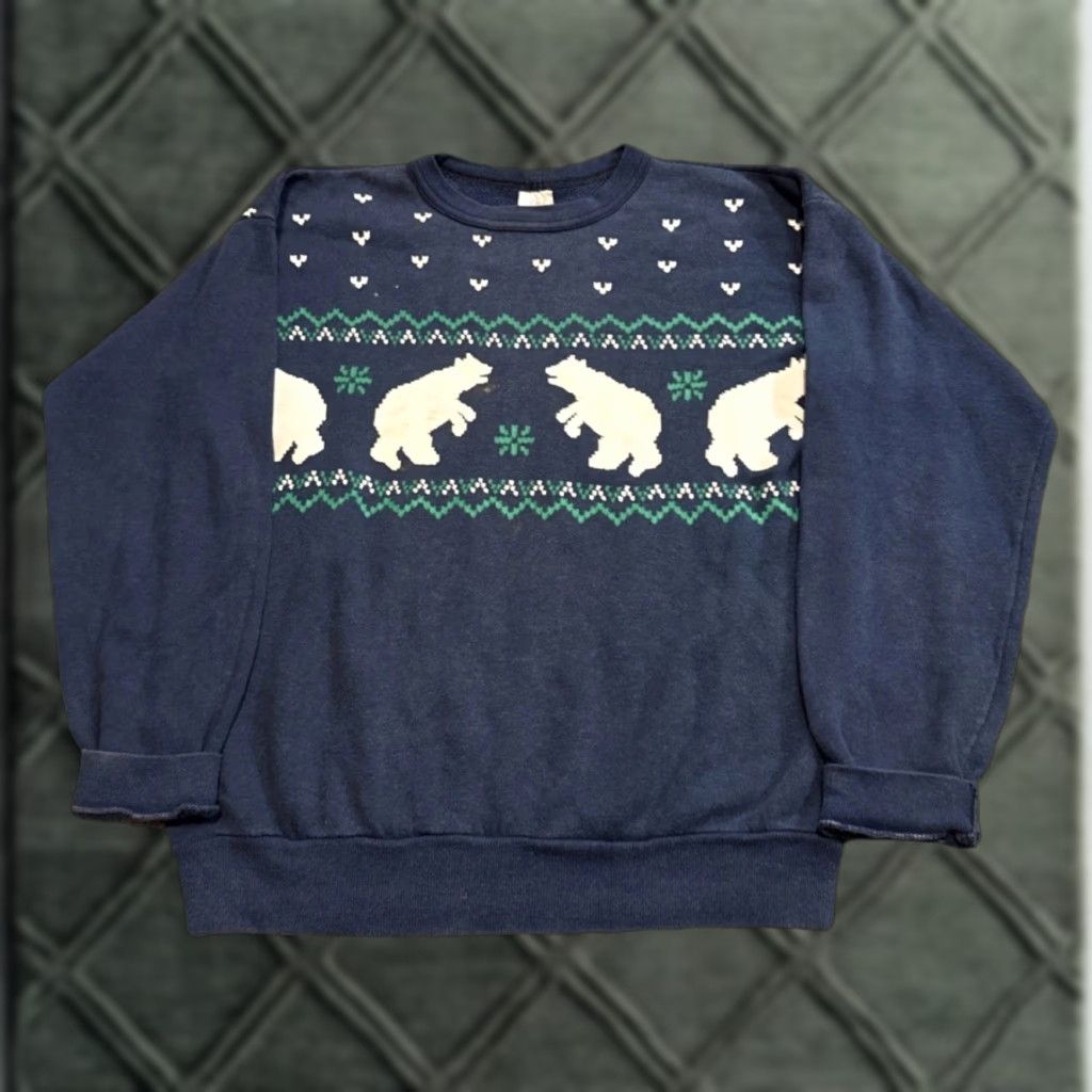 Tultex VINTAGE 80s Christmas Polar Bear Navy Tultex Crewneck Sweatshirt Large Unisex Adults M Blue Pullover Sweatshirt Size US M / EU 48-50 / 2 - 1 Thumbnail