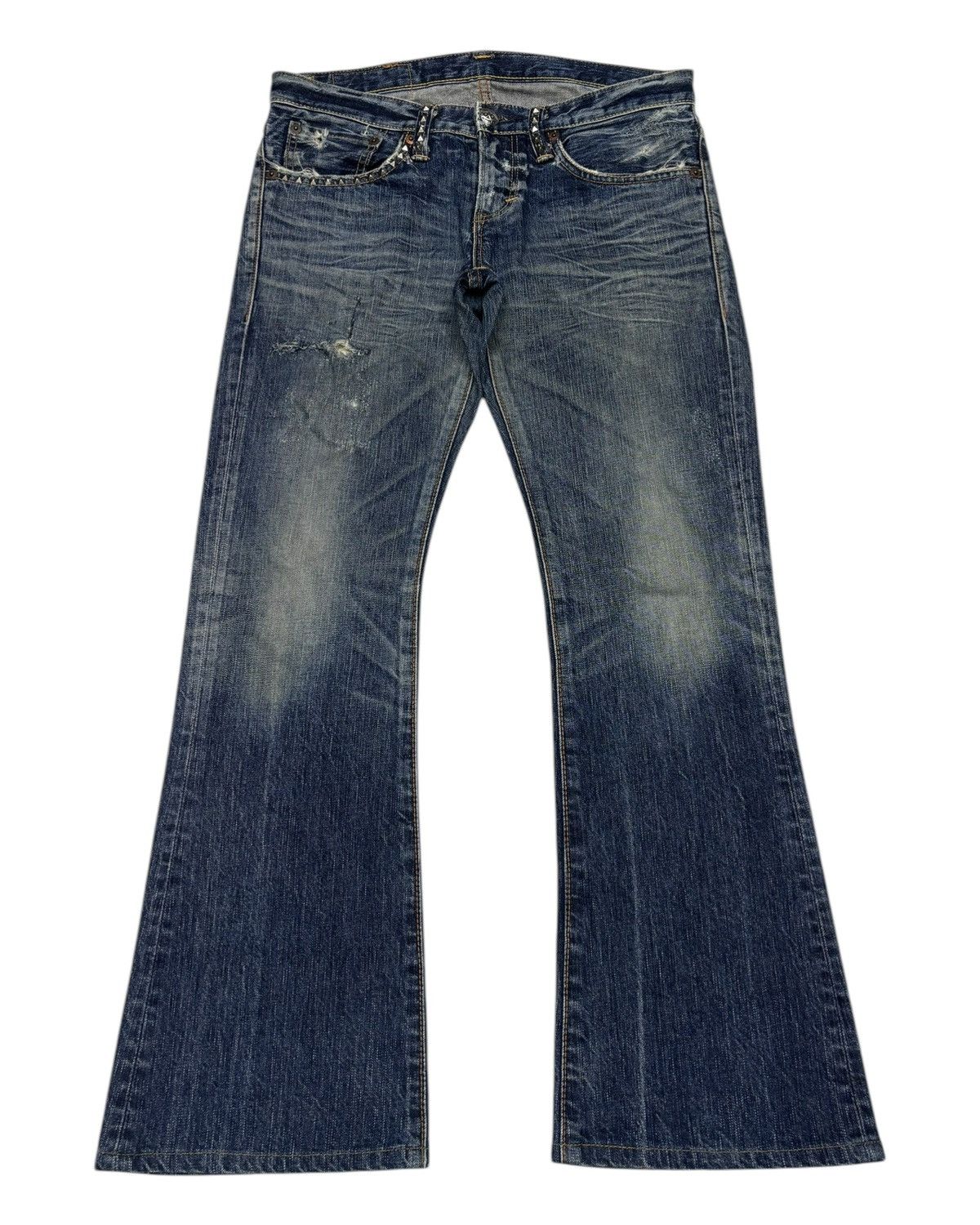 Who Decides War 🔥Edwin 503 Pierced & Studs Flared Jeans Low Rise Size US 32 / EU 48 - 1 Thumbnail