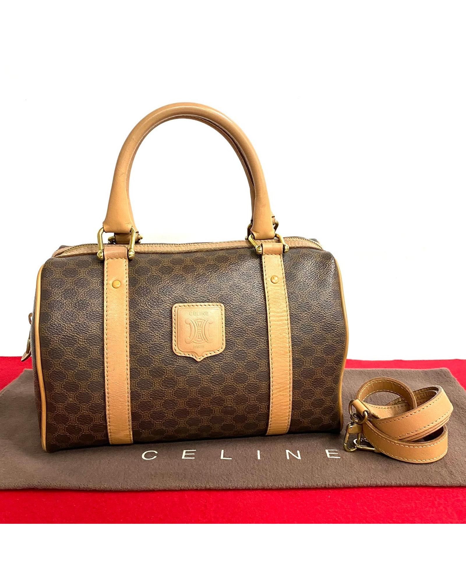 image of Celine Mini Macadam Canvas Boston Bag In Brown, Women's