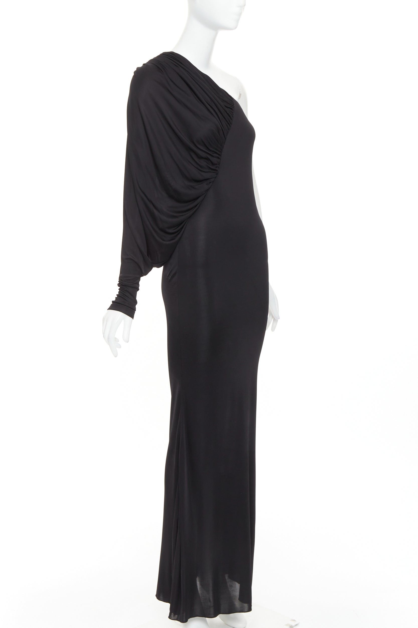 Saint Laurent Paris SAINT LAURENT 2023 black shiny viscose jersey ruched one sleeve dress gown FR40 L Size M / US 6-8 / IT 42-44 - 1 Thumbnail