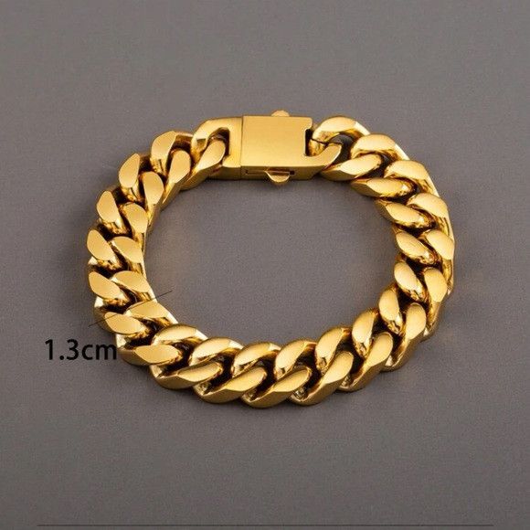 Other Men Gold 13mm Wide Stainless Steel Miami Curb Chain Bracelet Size ONE SIZE - 6 Thumbnail