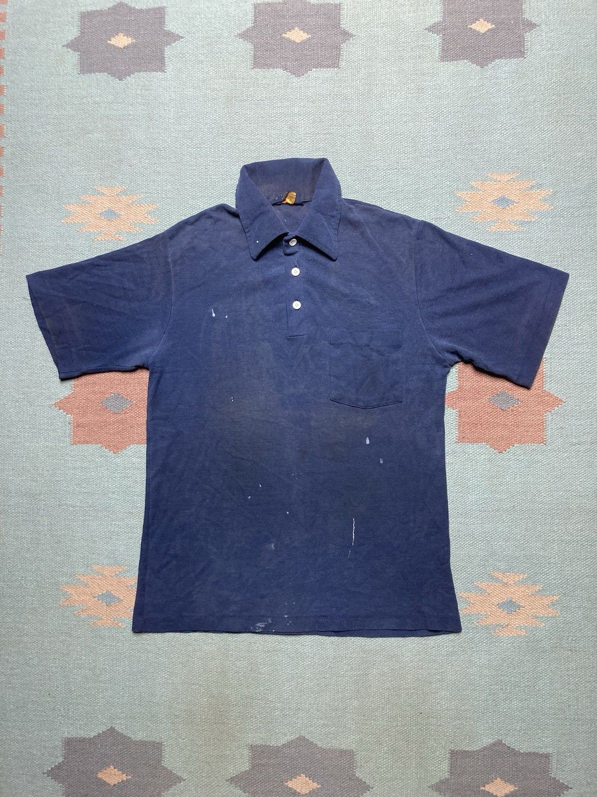 Vintage Vtg 70s polo shirt navy blue faded paint stained worn medium Size US M / EU 48-50 / 2 - 1 Thumbnail