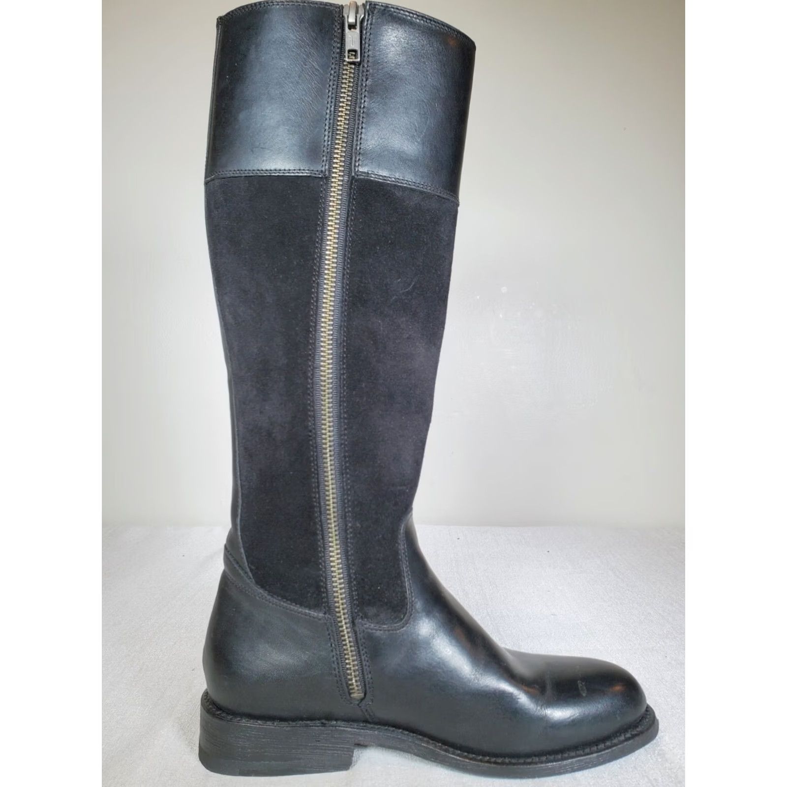 Frye FRYE Jayden Button Black Leather and Suede Tall Riding Boots Women's US 6 B Shaft 15 3/4" Calf Runs Narrow Leather Lined Block Heel 1 1/4" Size US 6 / IT 36 - 4 Thumbnail