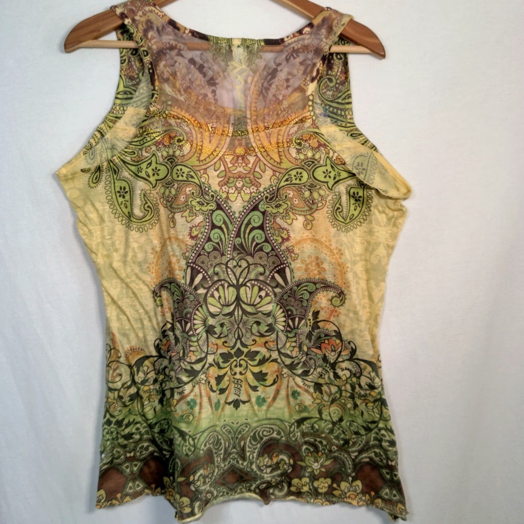 Olive Emerald Tank Top XL Shirt Women Multicolor Paisley Lace Trim Sleeveless Knit Y2K Boho Hippe Spring Summer Regular Size XL / US 12-14 / IT 48-50 - 2 Thumbnail