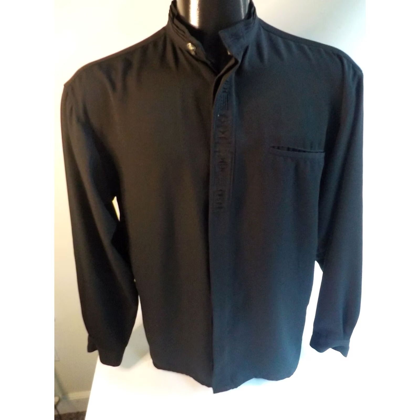Vintage Pronti LS Banded Collar Embroidered Placket Men's Shirt Black Polyester SZ SMALL Size US S / EU 44-46 / 1 - 2 Thumbnail