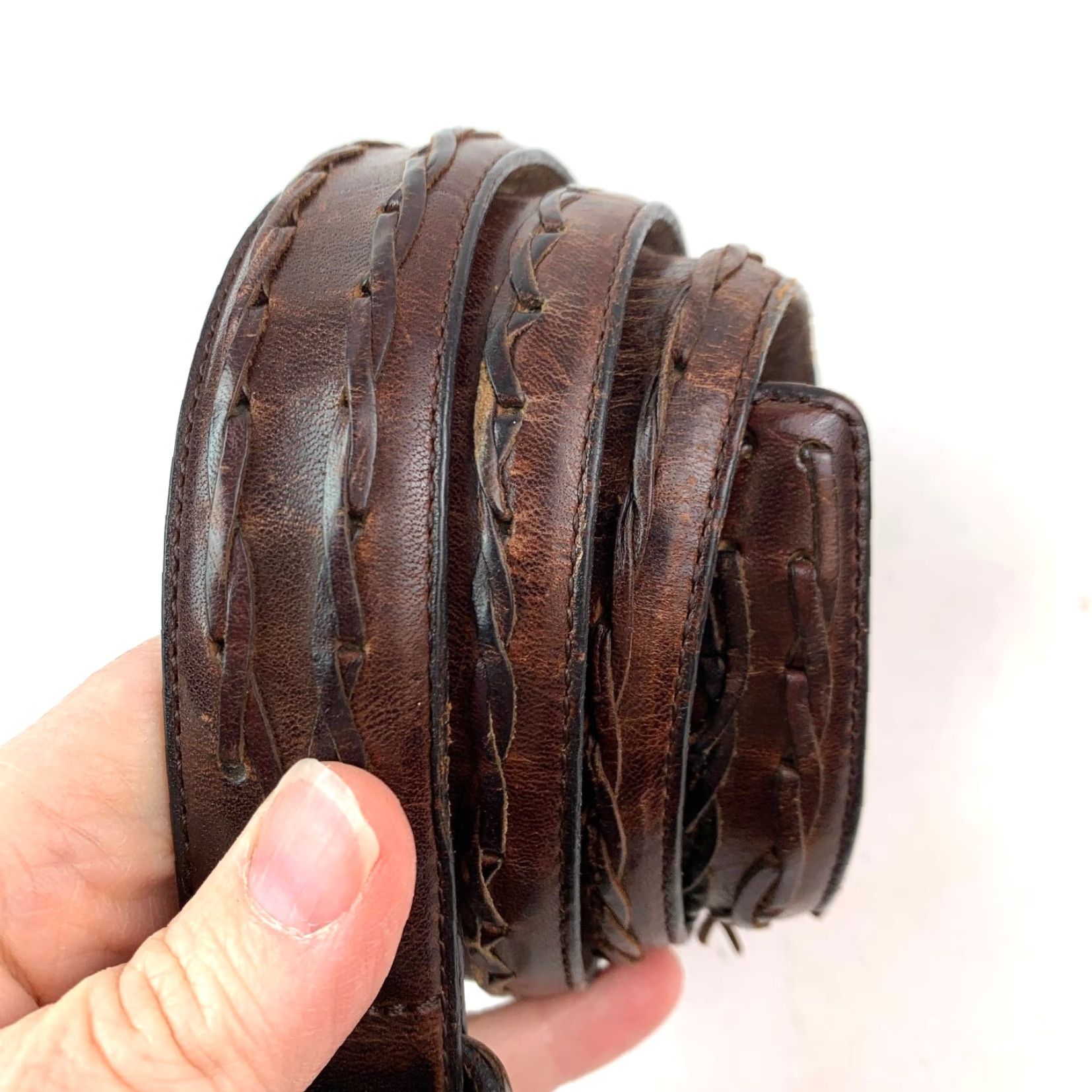 Vintage VINTAGE Dark Brown Leather Belt Men Adjustable Brass Tone Buckle Size 34 Size 34 - 2 Thumbnail