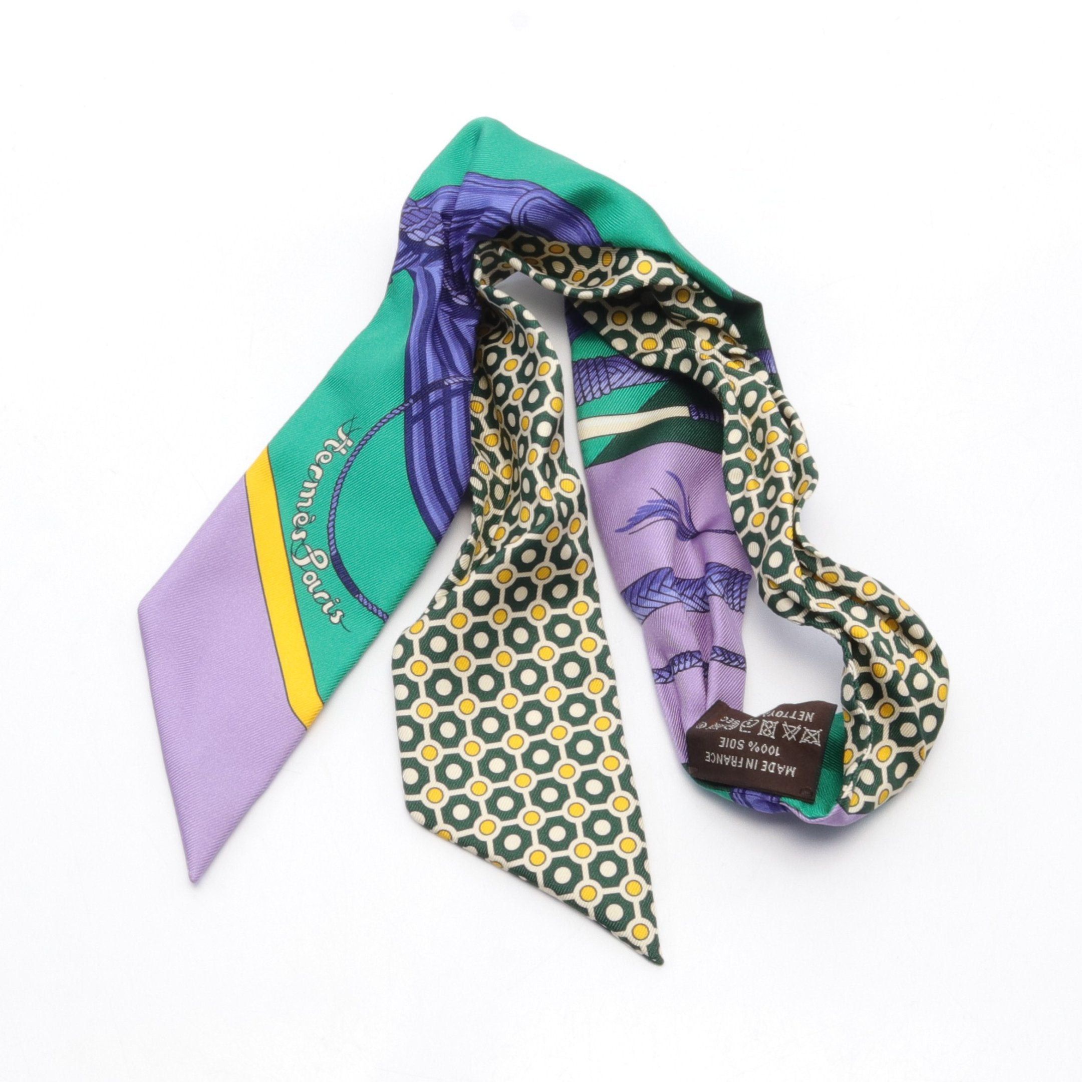 Hermes Twilly Clic Clac Modern Cannage Ribbon Scarf Silk Purple Green Multicolor