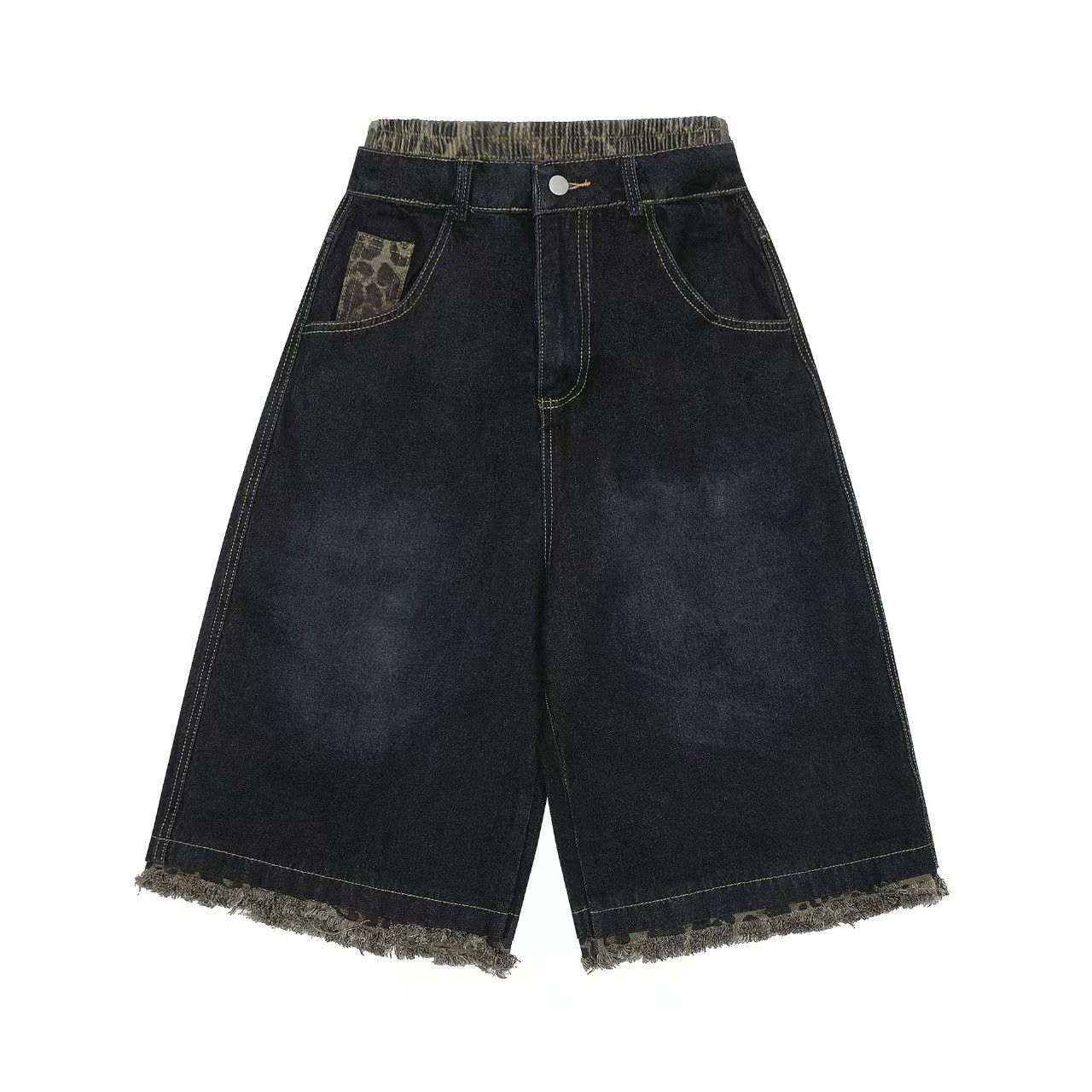 Other Navy Spliced Leopard Print Washed Loose Fit 7/10 Shorts Size US 34 / EU 50 - 1 Thumbnail
