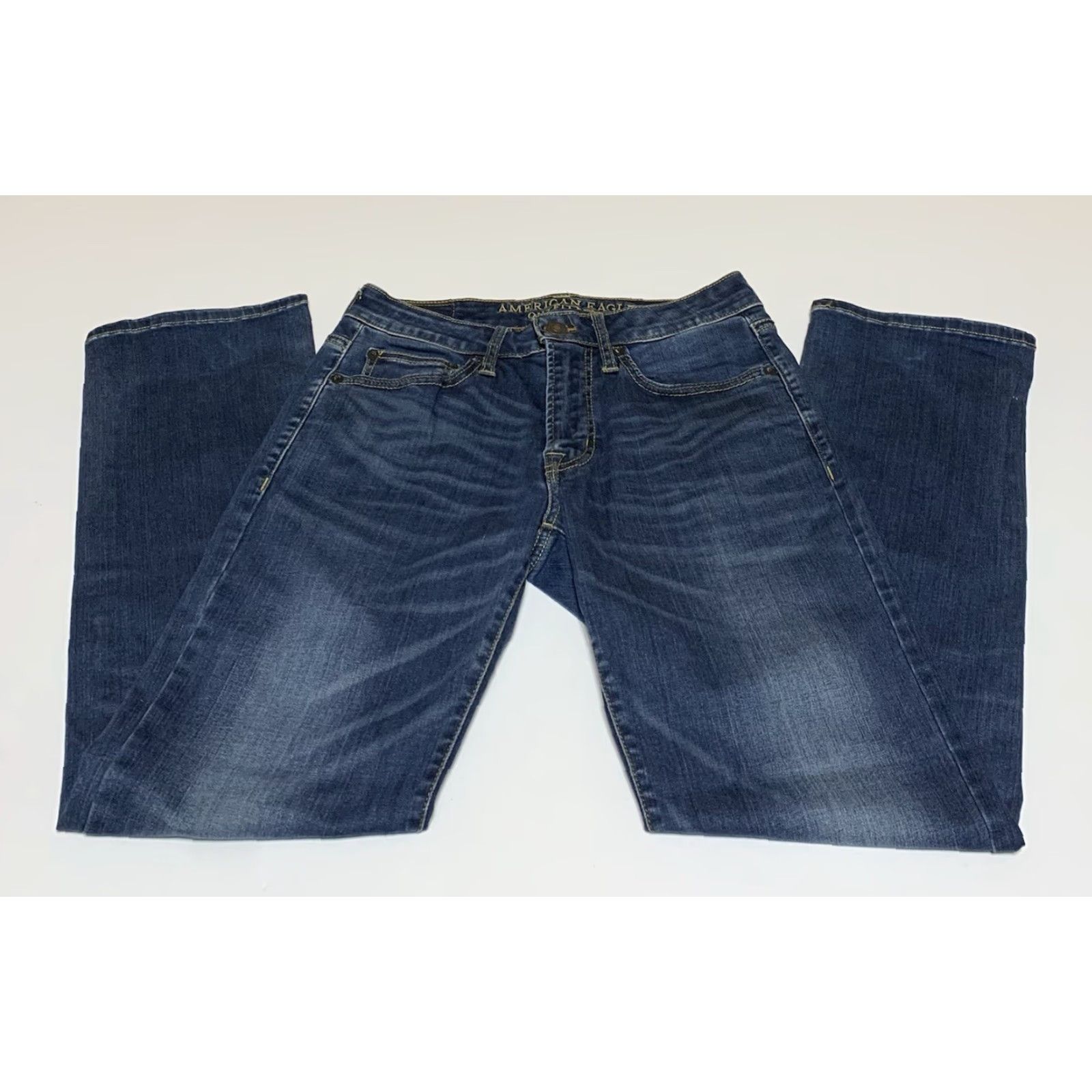 American Eagle Outfitters VINTAGE American Eagle Original Straight Jeans Mens 28x29 Blue Denim Cotton Blend Fade Lines Whiskers Pockets Size US 28 / EU 44 - 2 Thumbnail