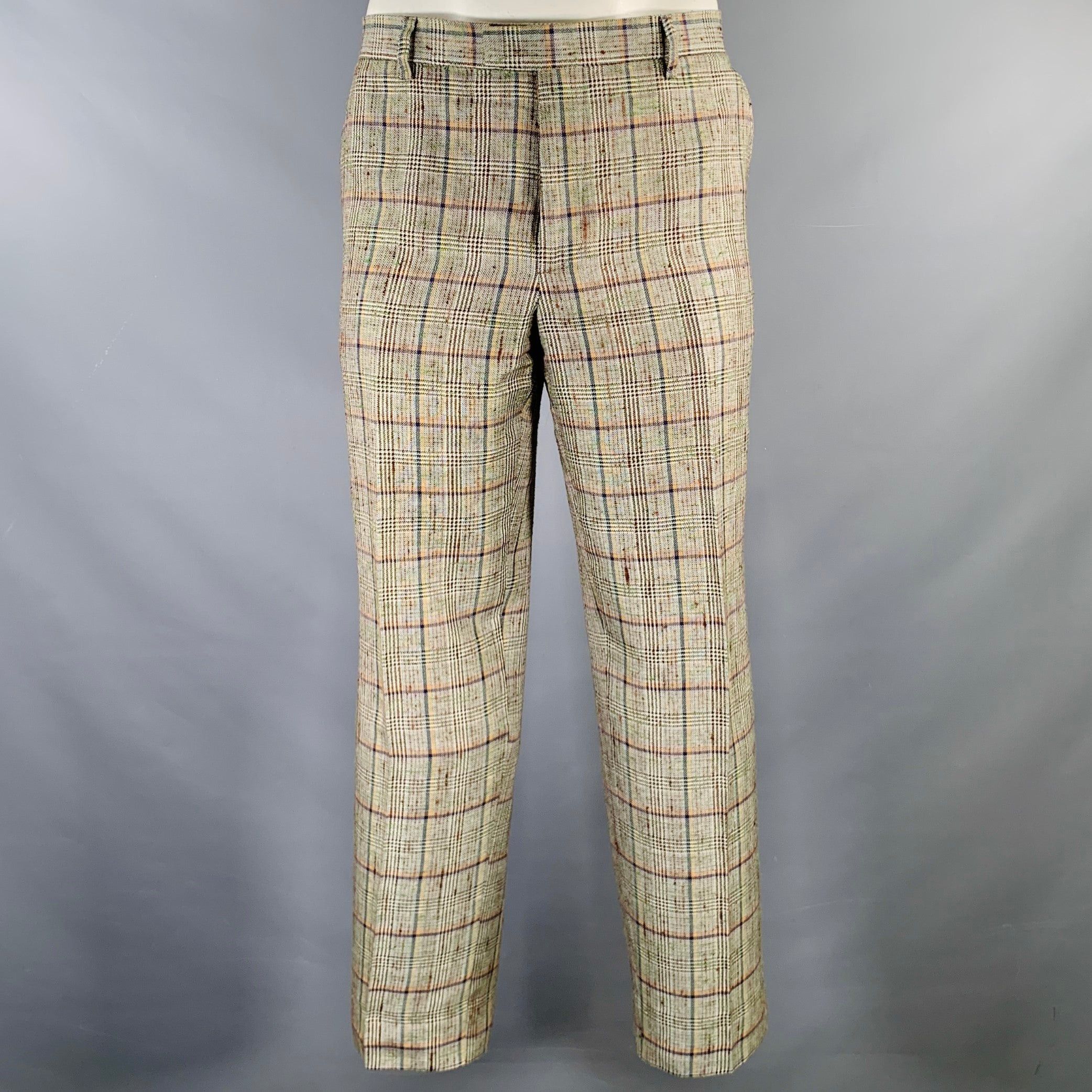 image of Etro Grey Multi Color Plaid Silk Linen Zip Fly Dress Pants, Men's (Size 36)