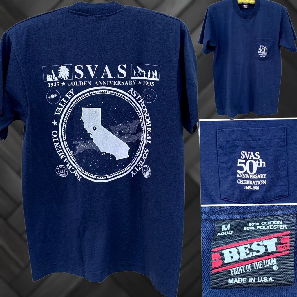 Fruit Of The Loom VINTAGE Fruit of the Loom SVAS 50th Anniversary Celebration pocket tee 1995 Astronomical M Blue Unisex Shirt 1990s Boys Girls Mens Womens Size US M / EU 48-50 / 2 - 1 Thumbnail