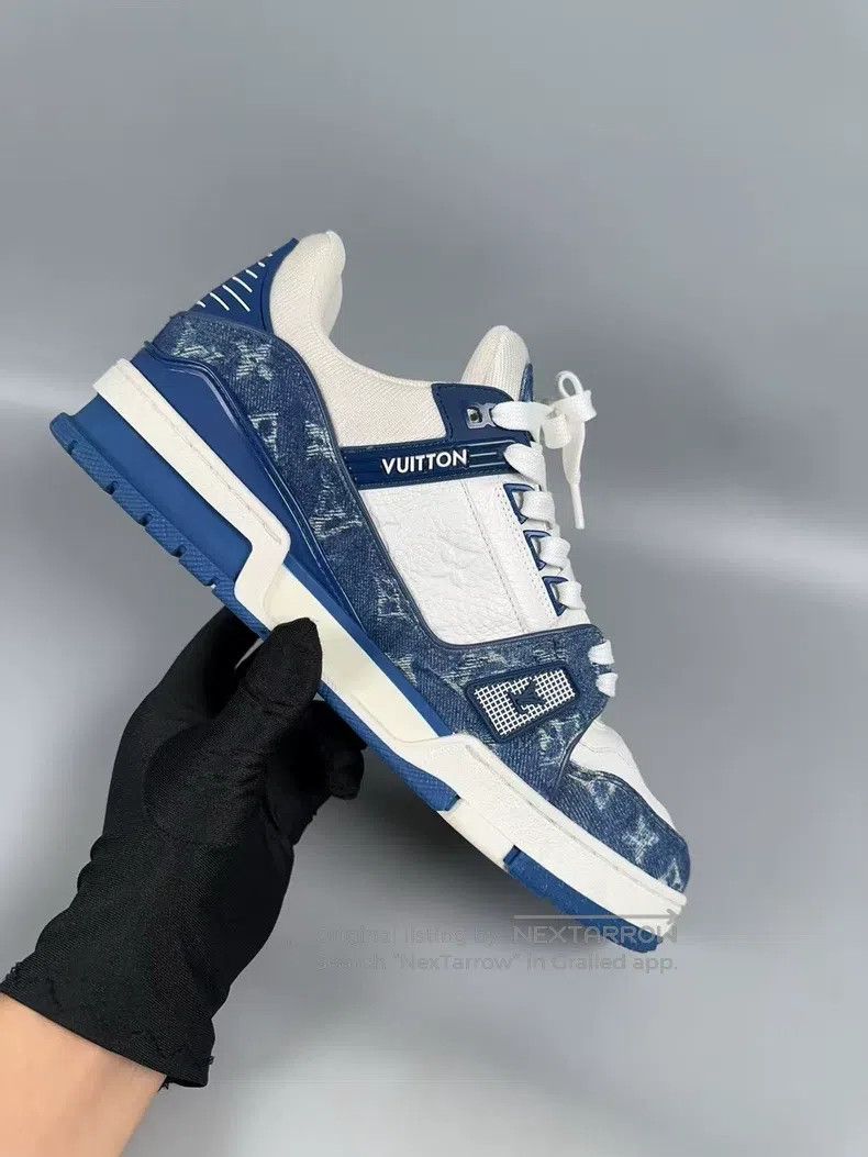 Louis Vuitton Louis Vuitton White and Blue Full Print Denim Trainer Casu Size US 7 / EU 40 - 7 Thumbnail