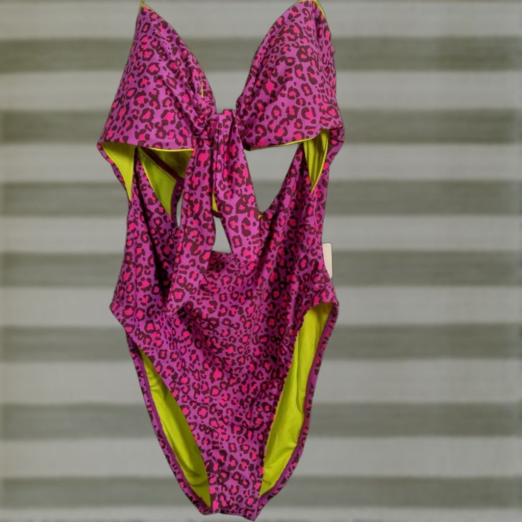 BCBGeneration BCBGGeneration Bathing Suit One Piece XL Purple Cat Print Neon Bandeau Size XL / US 12-14 / IT 48-50 - 1 Thumbnail