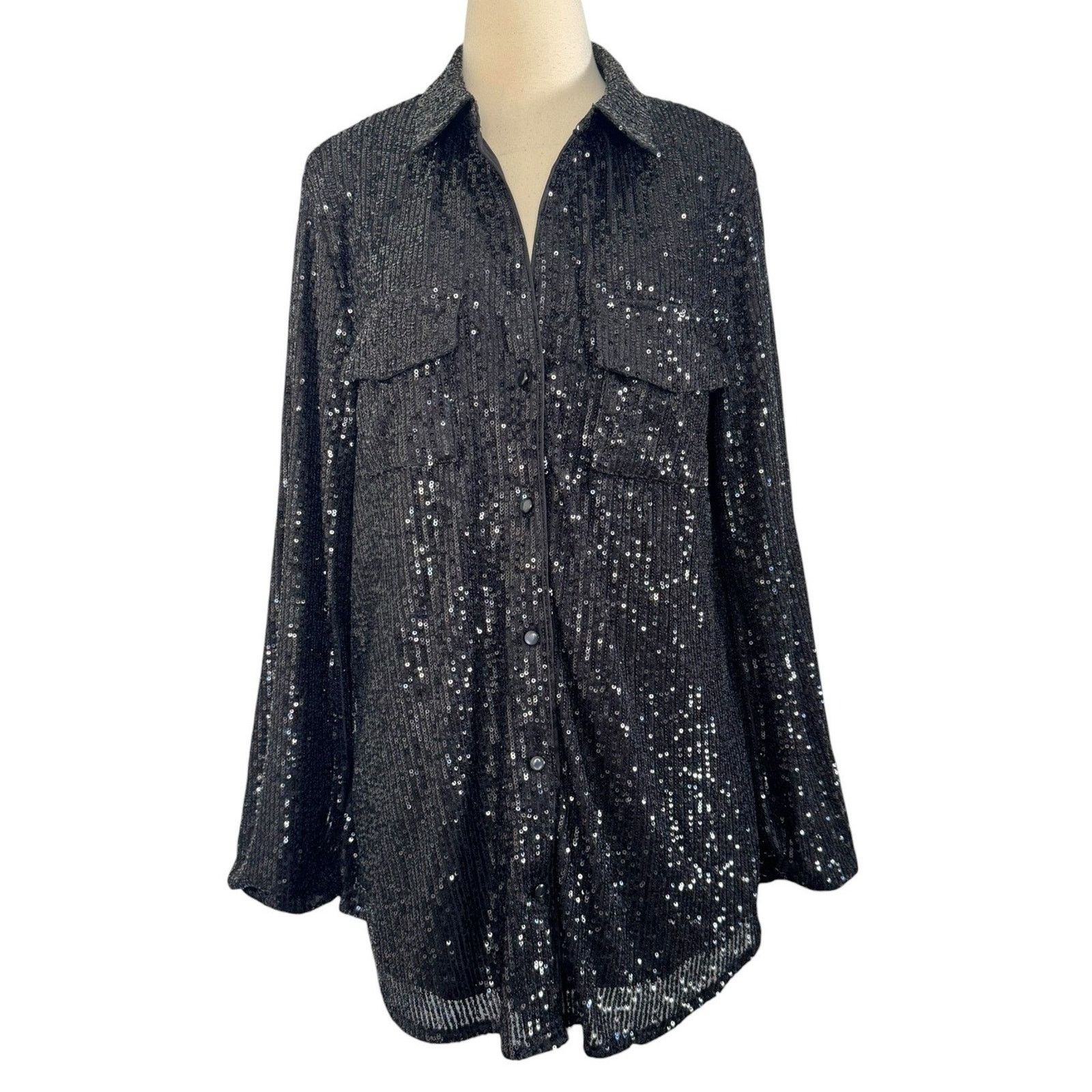 Guess GUESS Sequin Button Collared Boyfriend Oversized Blouse Top Size M / US 6-8 / IT 42-44 - 3 Thumbnail