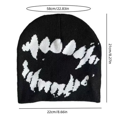 Japanese Brand Vampire Dracula Teeth Pattern Beanie Hat y2k Black Size ONE SIZE - 4 Thumbnail