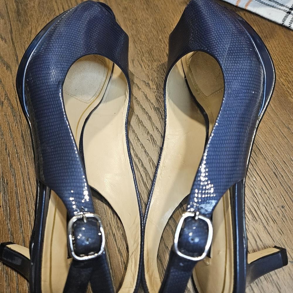 Designer Alluring Alex Marie Navy Blue Open-Toe Heels Size US 5.5 / IT 35.5 - 7 Thumbnail